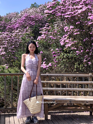 春夏法式优雅气质挂脖设计晕染收腰显瘦连衣裙长裙女