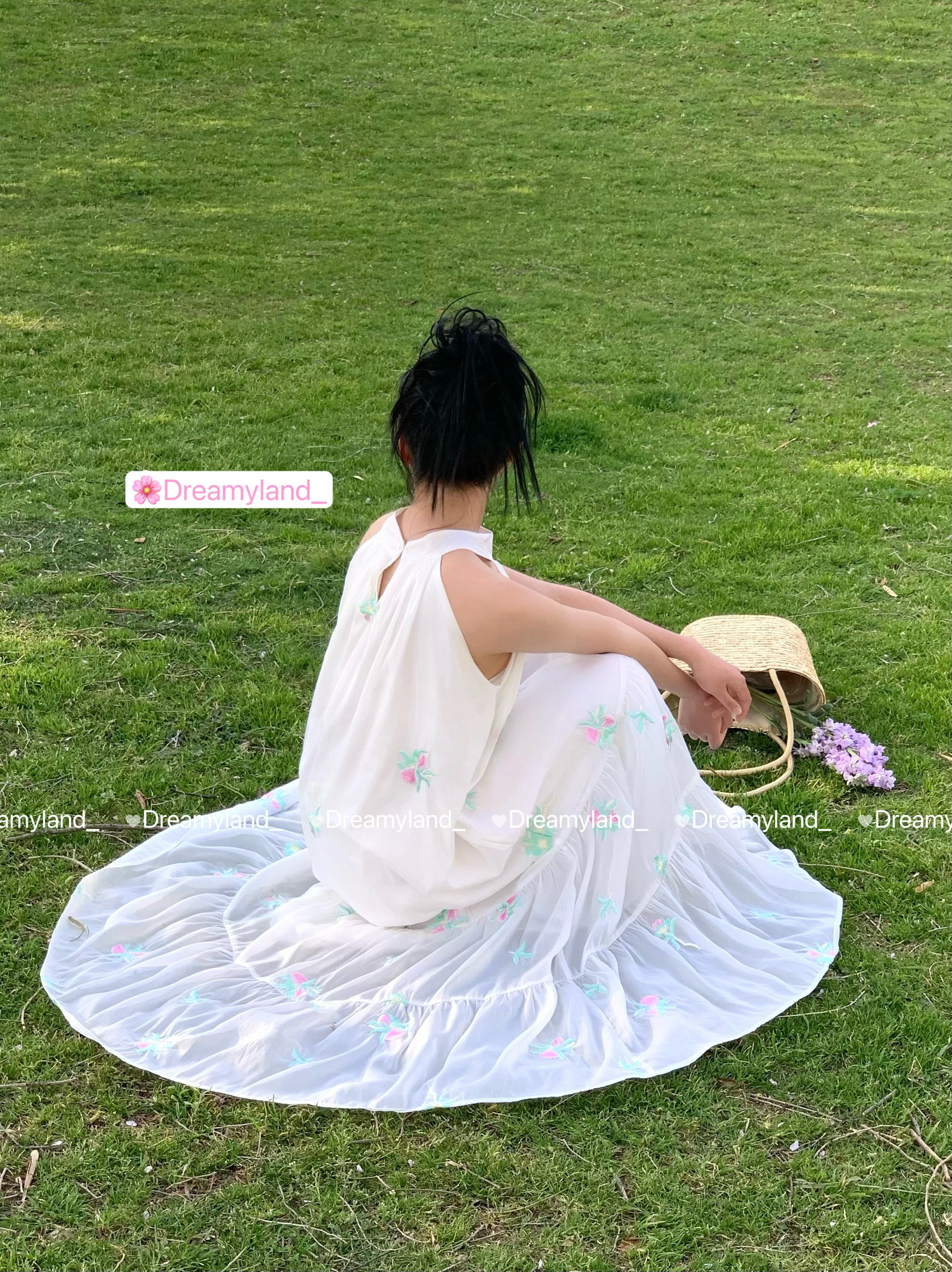 【618特价】白色刺绣挂脖碎花连衣裙重工花朵无袖新中式夏长裙女