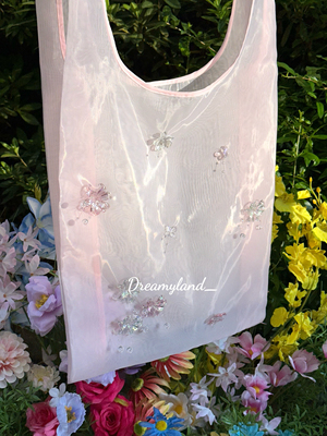 【新品价】韩系高密度双层网纱手工蝴蝶串珠手提包背心购物袋