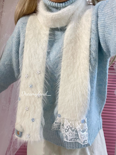【现货】秋冬新款白色雪花毛绒长款针织纽扣细围巾少女百搭围脖