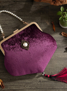 中老年女包大容量紫色丝绒旗袍手提包搭配晚礼服手包婚礼妈妈包