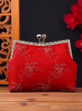 大红色蕾丝绣花婚包女包新娘红包口金包古中国风晚宴包礼服配包