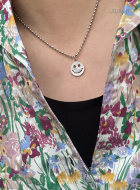 JUNHE设计新款潮哈温黄河温夏温笑脸款吊坠925银圆珠项链锁骨链大