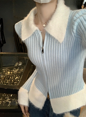 蓝色Polo领针织打底衫女秋冬设计感炸街毛衣外套开衫拉链短款上衣