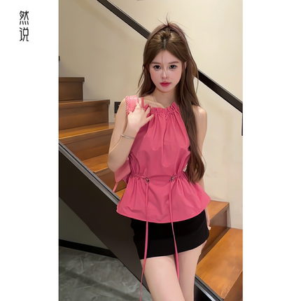 法式粉色吊带小背心女夏外穿设计感小众抽绳挂脖无袖辣妹上衣短款