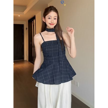 法式高级感轻奢格子抹胸吊带上衣女夏季新款雪纺小衫设计感小众