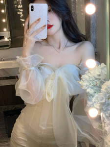 纯欲一字肩抹胸别致惊艳连衣裙女小众设计高级感网纱包臀裙子夏季