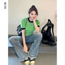 甜美奶乖轻奢小众炸街独特上衣超好看减龄绿色针织短袖t恤女夏季