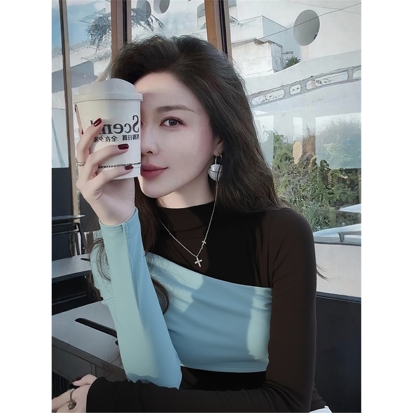 秋冬不规则撞色半高领打底衫女内搭辣妹修身显瘦长袖小众别致上衣,女装/女士精品,T恤,淘宝优惠券,粉丝福利购,淘宝优惠卷