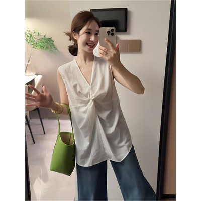 法式度假风白色扭结无袖上衣