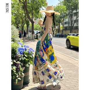 海边度假涂鸦印花吊带连衣裙女小众设计高级感沙滩长裙子夏季 泰式