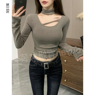 内搭打底上衣 镂空设计感小众修身 纯欲性感挂脖长袖 T恤女秋冬新款