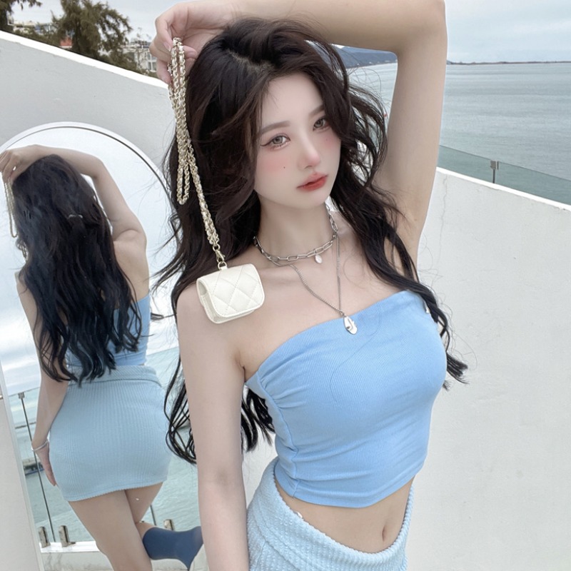 辣妹性感蓝色抹胸上衣设计感小众