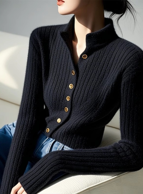 黑色半高领软糯针织开衫女秋季新款高级感超好看内搭长袖打底上衣
