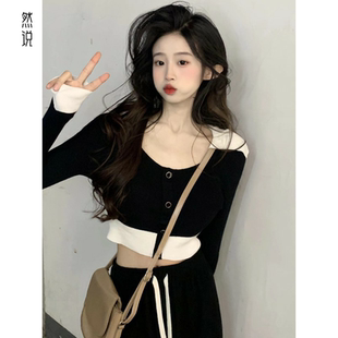 翻领长袖针织衫独特别致甜辣上衣设计感小众短款打底衫女内搭春秋