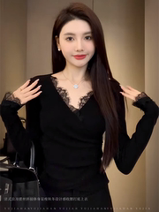 早春黑色V领蕾丝花边内搭打底衫女修身显瘦法式掐腰别致绝美上衣