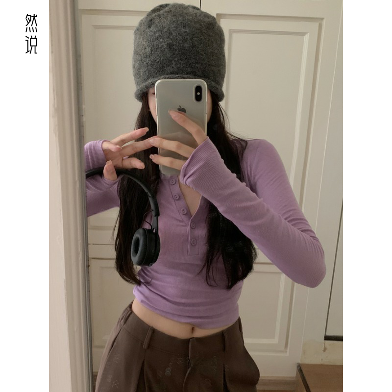 美式长袖秋冬纽扣辣妹上衣