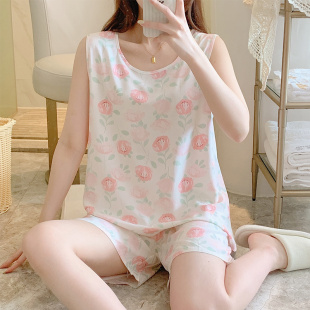 夏季无袖背心棉绸睡衣短袖两件套装女士夏天吊带薄款人造棉家居服