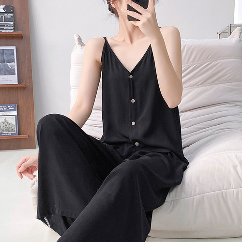 睡衣女夏季棉绸吊带套装薄款