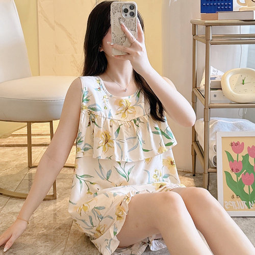 防凸点睡衣女士夏季绵绸夏天背心短裤荷叶边套装家居服人造棉薄款