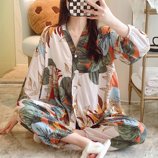 春秋季棉绸女士睡衣长袖套装韩版人造棉可爱薄款空调服学生家居服
