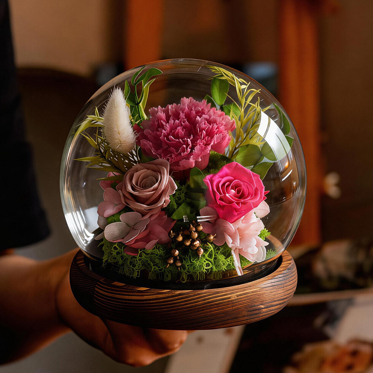 康乃馨永生花灯带真花制作摆件送妈妈情人节女生氛围感水晶球礼盒