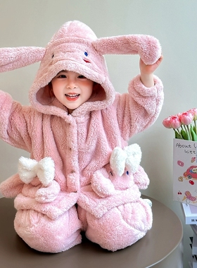 儿童家居服冬季新款女宝卡通小兔子连帽毛绒睡衣保暖套装PMK05