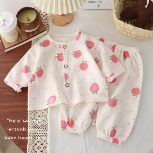 套装 儿童春装 宝宝家居服灯笼裤 天薄款 男女童双层纯棉纱布睡衣夏季