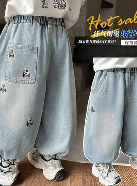 夏季轻薄男女童小狗刺绣牛仔灯笼