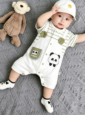 夏季婴儿连体衣短袖短裤宝宝半袖哈衣外出衣服可爱卡通图案爬爬服