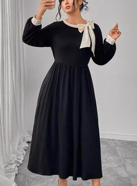 Plus Size Women's Black Dress 大尺秋冬码复古显瘦遮肚黑色长裙