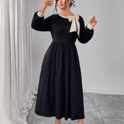 Plus Size Women's Black Dress 大尺秋冬码复古显瘦遮肚黑色长裙