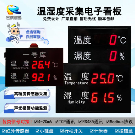 定制室内工业温湿度显示屏4-20mA模拟量RS485通讯LED电子看板直销