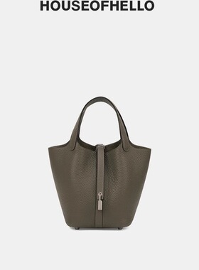 HOUSEOFHELLO 手缝蜡线TC头层牛皮菜篮子水桶包手提女包18CCLC