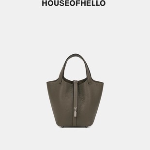HOUSEOFHELLO 手缝蜡线TC头层牛皮菜篮子水桶包手提女包18CCLC