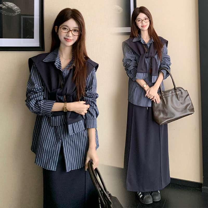 2025秋季新款韩版条纹衬衫三套秋款加肥半身裙套装