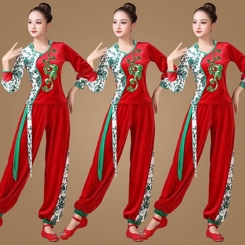 秋冬新款金丝绒剪纸姑娘服装舞蹈演出服女民族秧歌服成人舞台表演