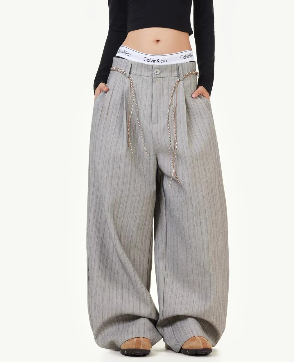 HZCfashion美式复古条纹垂感高级感慵懒松弛感裤女老钱风休闲西裤
