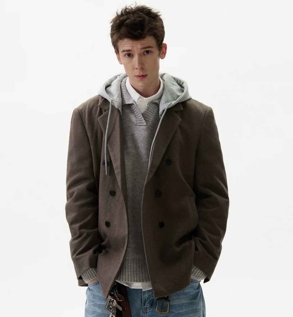 HZCfashion高级感复古廓形人字纹可拆卸连帽西装外套秋季新款上衣