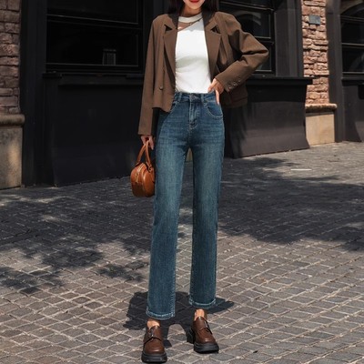 高腰复古蓝烟管裤九分裤小个子