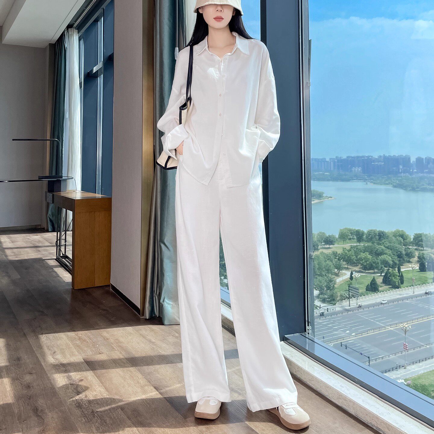 天丝亚麻老钱风阔腿裤套装
