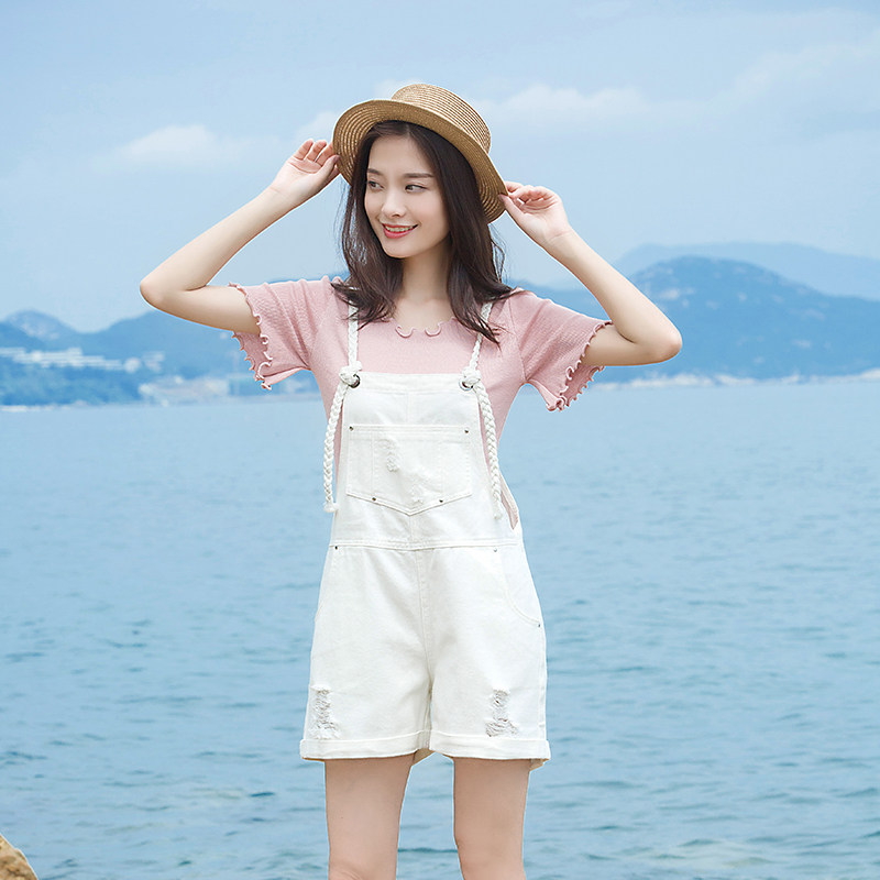 夏季新款白色牛仔背带短裤女薄款阔腿宽松显瘦小个子学生吊带裤潮