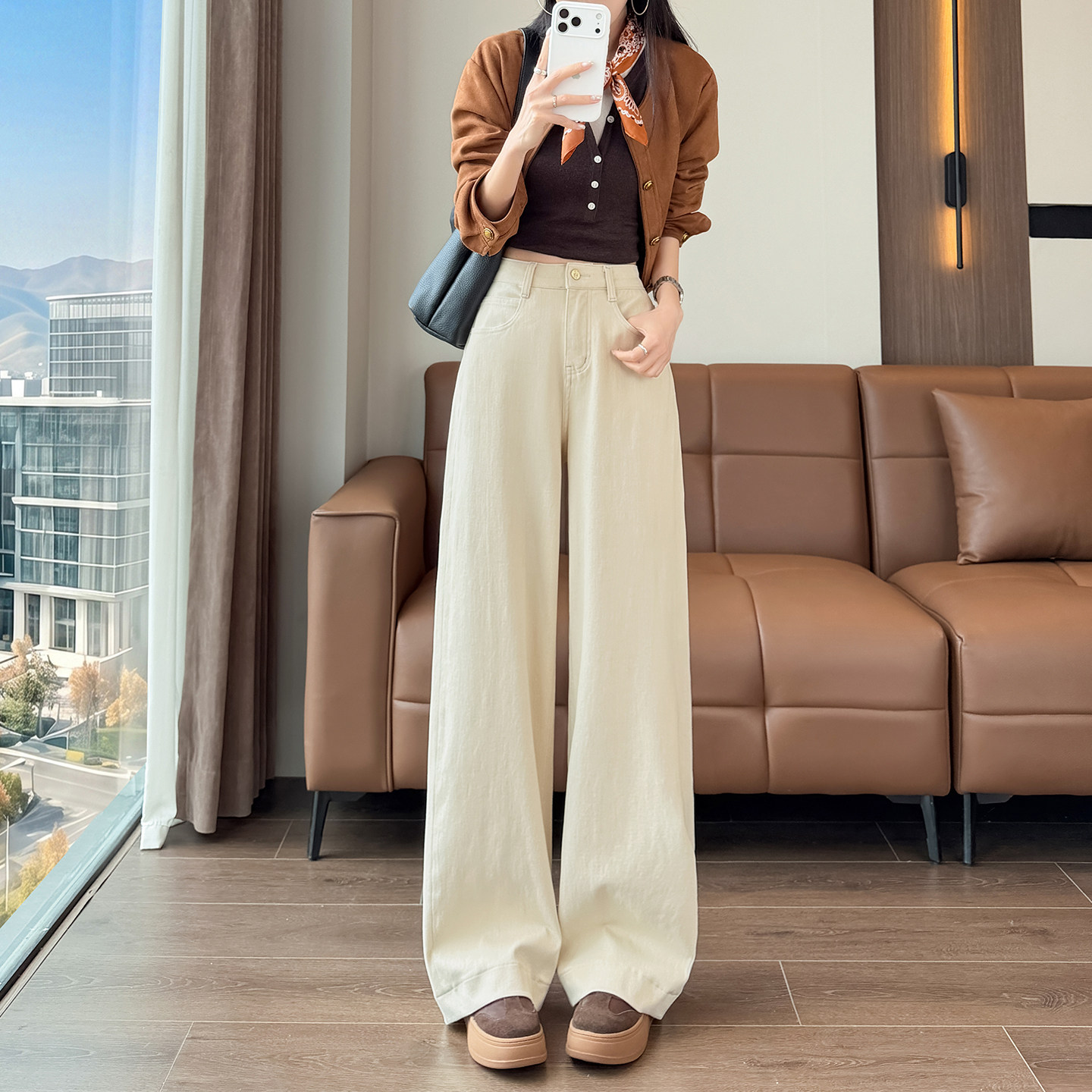 杏色阔腿牛仔裤女显瘦拖地长裤