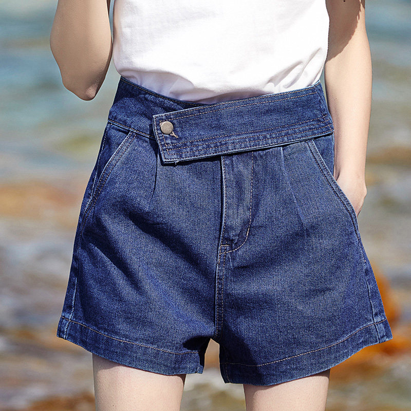 深蓝色高腰牛仔短裤女2024夏季新款韩版宽松阔腿显瘦百搭学生热裤