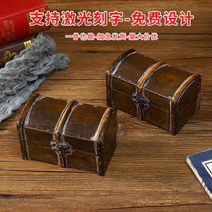 做舊帶蓋儲物雜物首飾盒百寶箱道具盒 木盒復古木質桌面收納盒老式