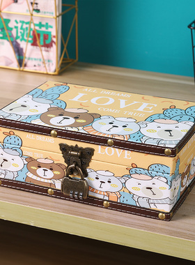 复古木盒桌面化妆品储物带锁收纳盒整理儿童可爱密码盒子保险木箱