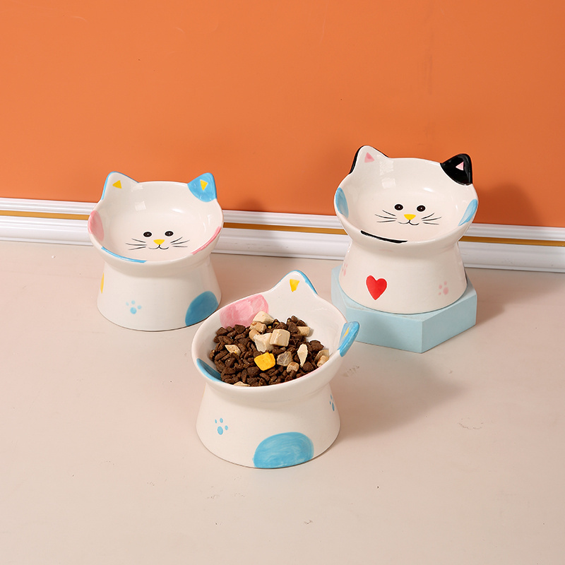陶瓷猫碗斜口防黑下巴护颈高脚