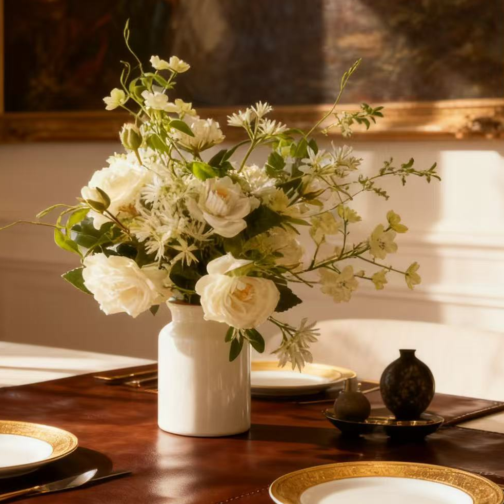 （复苏）白绿色花束 风铃茶花金银花等绢布材质花的碰撞仿真花