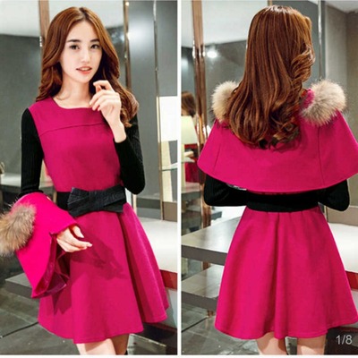 2022秋冬新款修身气质两件套长袖连衣裙韩版斗篷毛呢料套装裙子