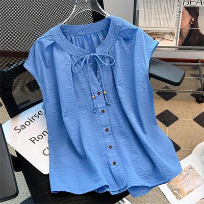 克莱因蓝色棉麻衬衫系带短袖显瘦上衣夏季亚麻衬衣无袖开衫打底衫